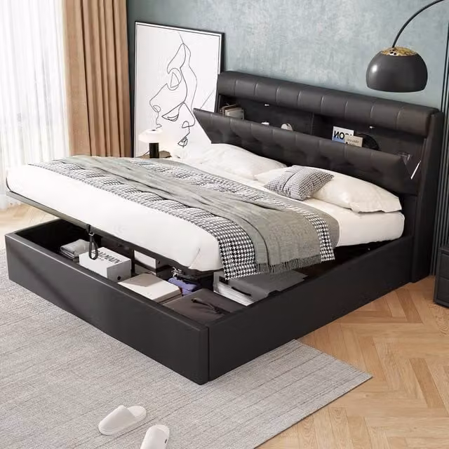 Matteo Modern Upholstered King Bed with Hydraulic Lift-Up Storage in Black Synthetic Leather, W/D/H: 150 x 200 cm
