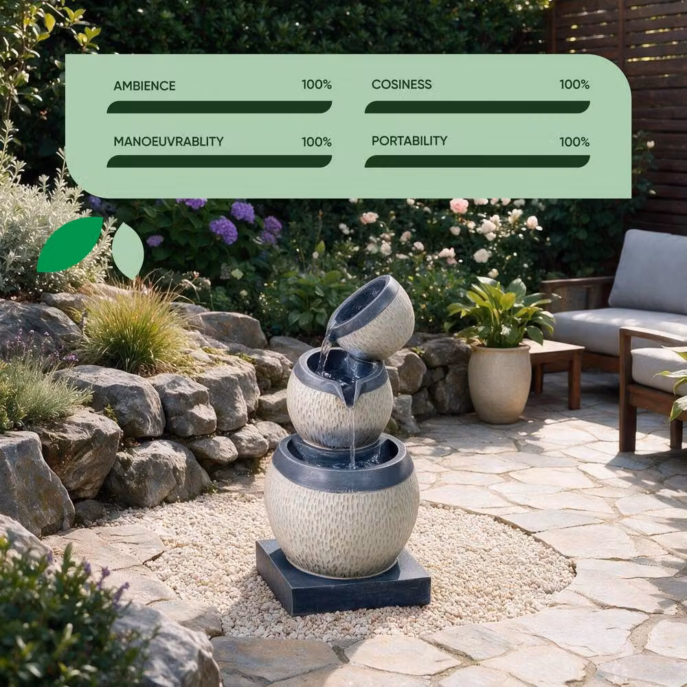 Gardenwize Solar 3-Tier Cascading Round Tabletop Water Feature in Grey and Beige – 5