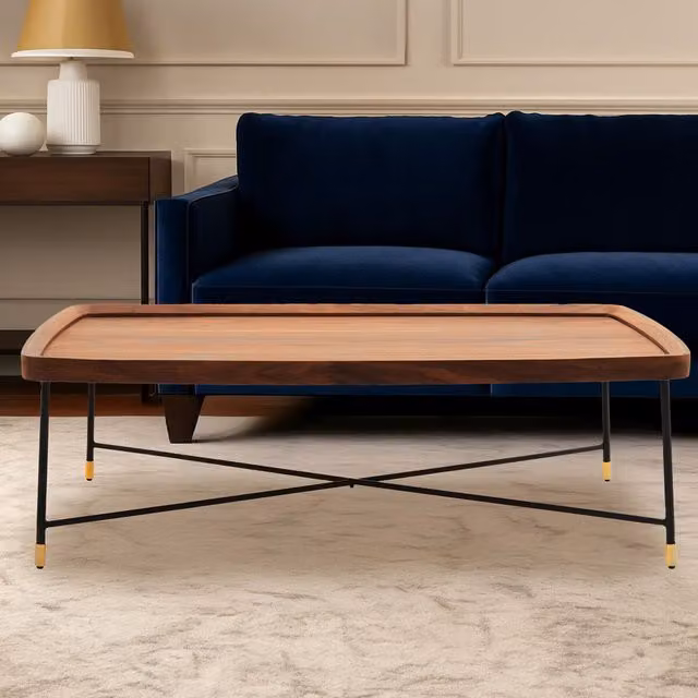 Orsina Rectangular Coffee Table with Walnut Veneer Top and Black Metal X-Frame Support – 2
