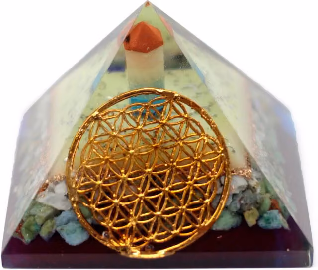 KDMK Organite Pyramid with Flower of Life Symbol in Multicolor and Yellow, 8 cm