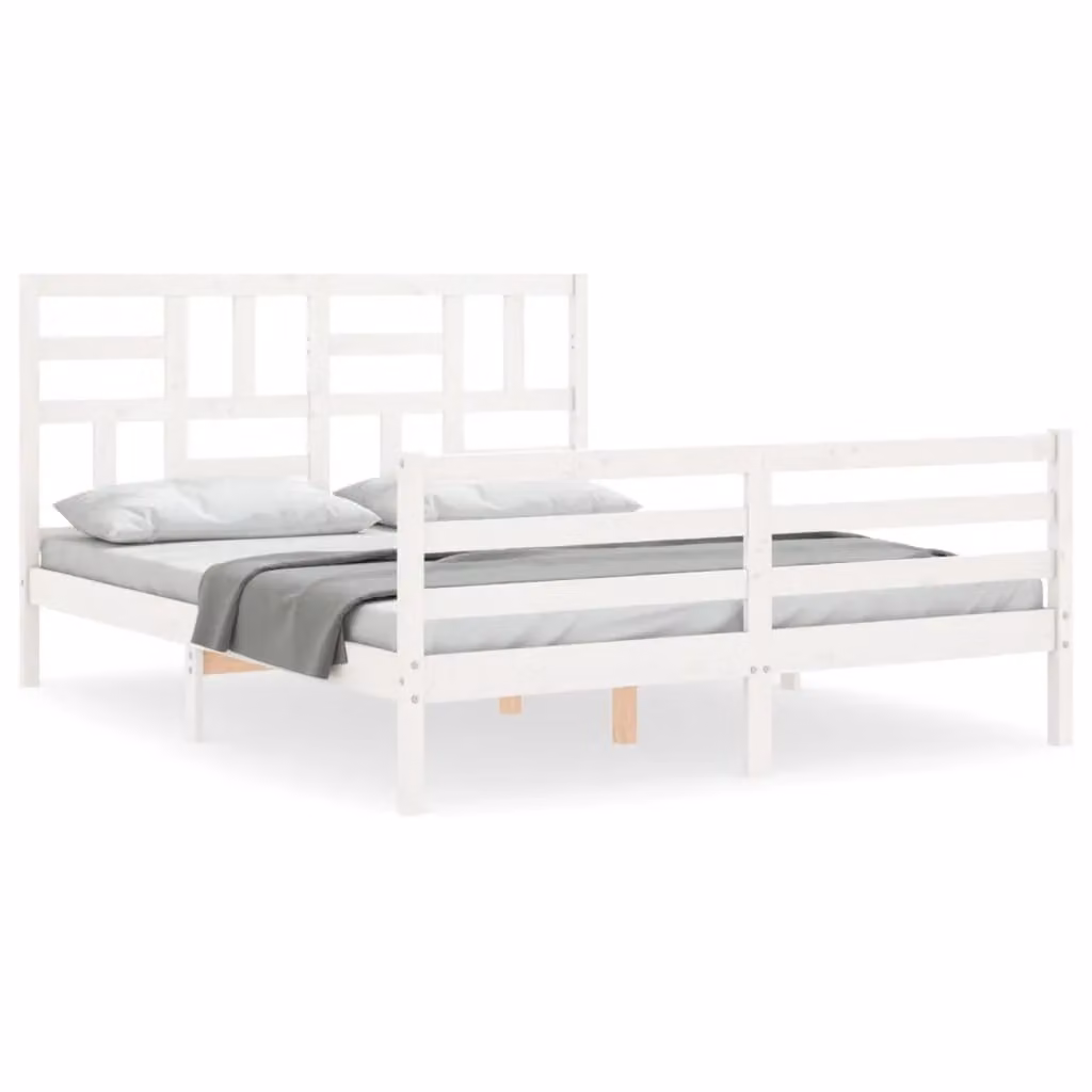 Berkfield Home White Solid Pine Bed Frame with Headboard W/D/H: 160 x 200 cm – 2