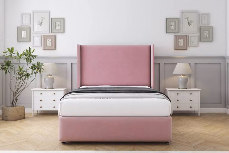Sloomy Stratford Plush Divan Set in Pink with Wingback Headboard and Footboard, Single, W/D/H: 90 x 190 cm