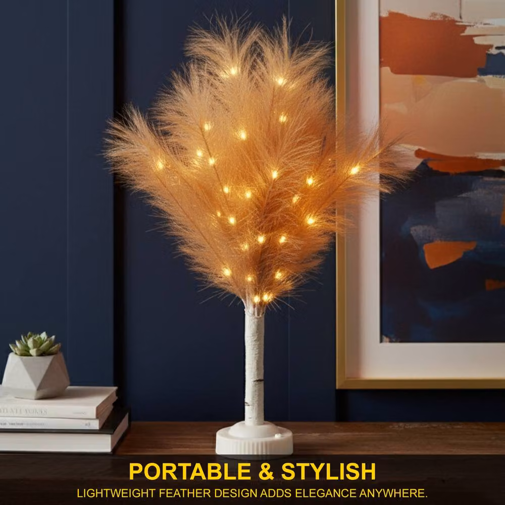 Shatchi 70cm Lighted Feather Tree Table Lamp in Beige with Warm White LEDs, Battery Operated – 6