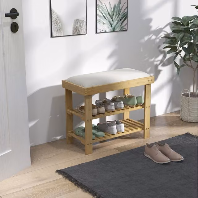 HOMCOM 3-Tier Bamboo Shoe Storage Bench with Fabric Cushion in Cream White