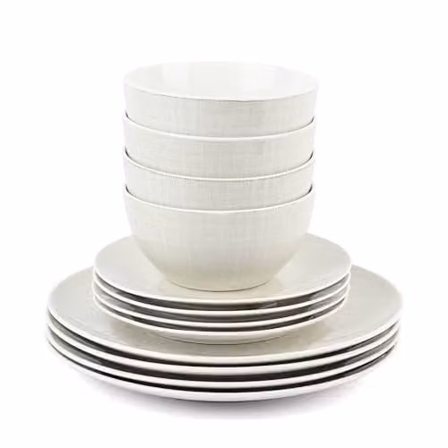 Waterside 12-Piece White Porcelain Linen Design Dinnerware Set – 1