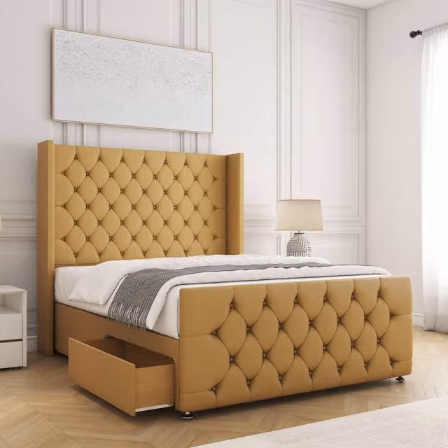 BSSPOKE Florida Plush Velvet Small Double Divan Bed with 2 Drawers and 54 inch Headboard in Mustard Yellow, W/D/H: 120 x 200 cm