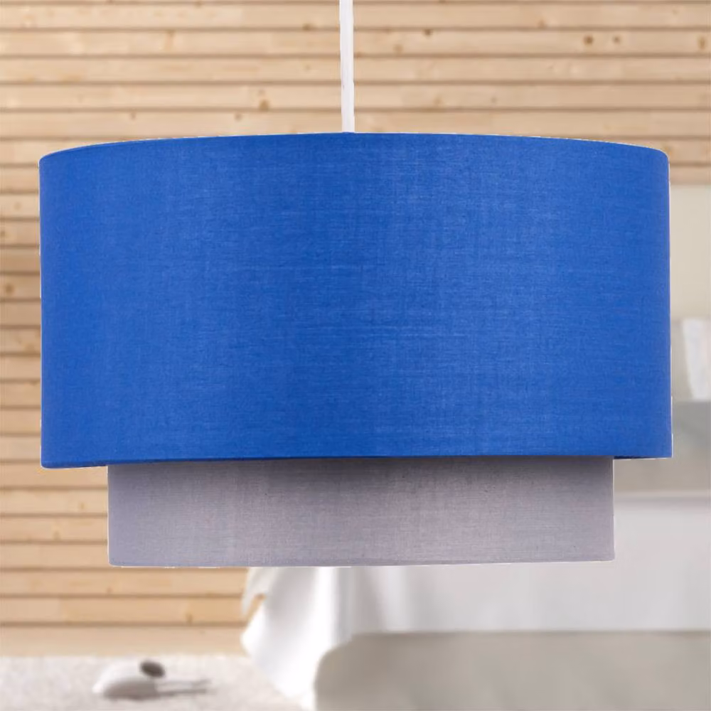 First Choice Lighting Blue and Grey 2 Tier Modern Fabric Cylinder Easy Fit Ceiling Lightshade – 4