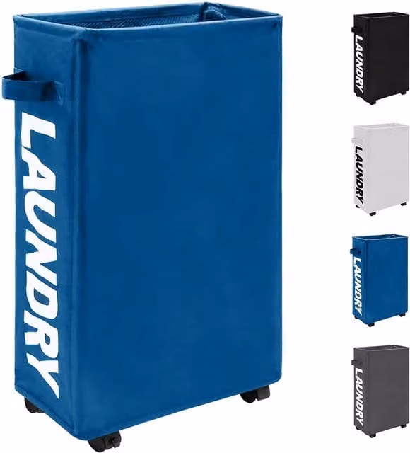 Neel Blue Collapsible Rolling Laundry Basket with Wheels, 38L, Navy, W: 40 cm, D: 18 cm, H: 53 cm