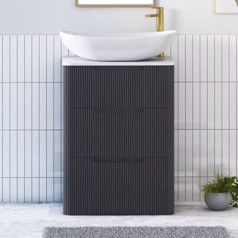 Royal Bathrooms Avenza 600mm Floor Standing Vanity Unit in Matt Obsidian Black with 3 Drawers, Plain White Worktop and Cesar Basin