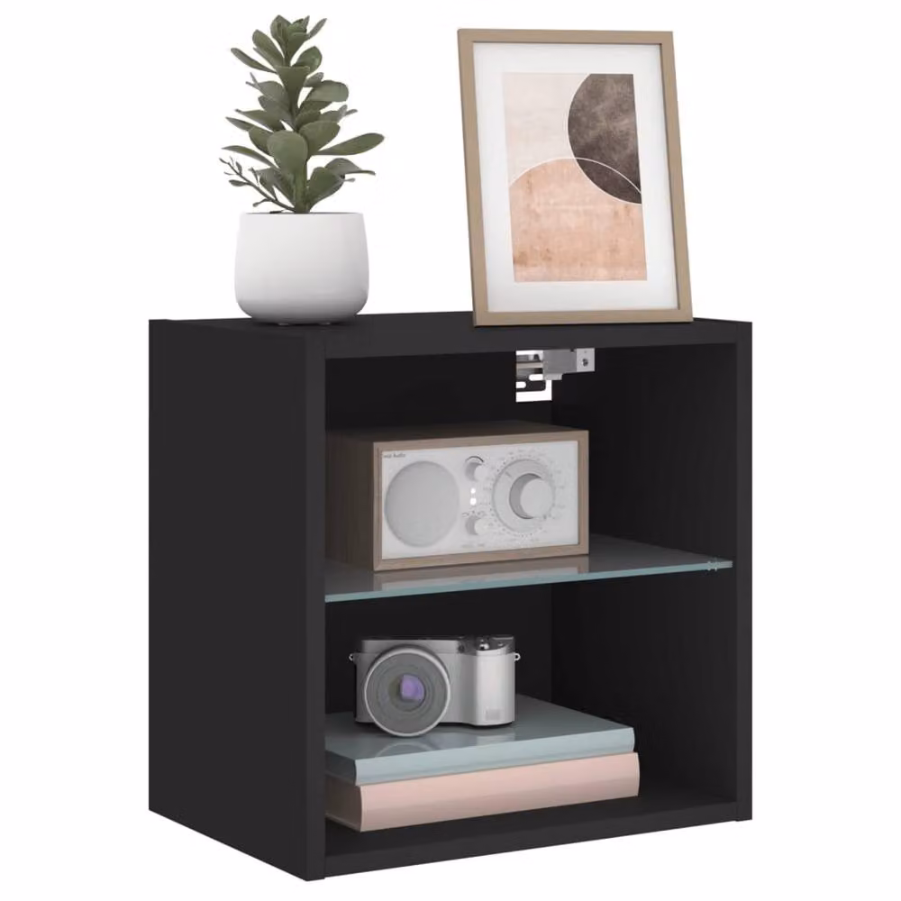 Berkfield Home Modern Wall-mounted Black Decorative Bedside Cabinet with Integrated LED Lights – 5