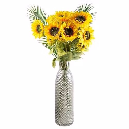 Leaf Design UK Yellow Sunflower Artificial Floral Arrangement with Round Glass Vase, Height: 100 cm