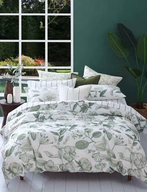 MM Linen White Botanical Leaf Pure Cotton Bedding Set W: 200 cm