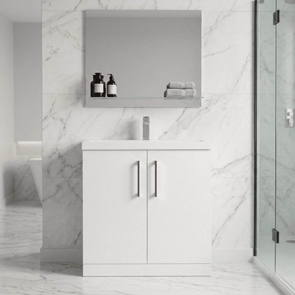Balterley Gloss White 2-Door Freestanding Bathroom Floor Vanity Unit with Basin, W: 80 cm, H: 84 cm – 1