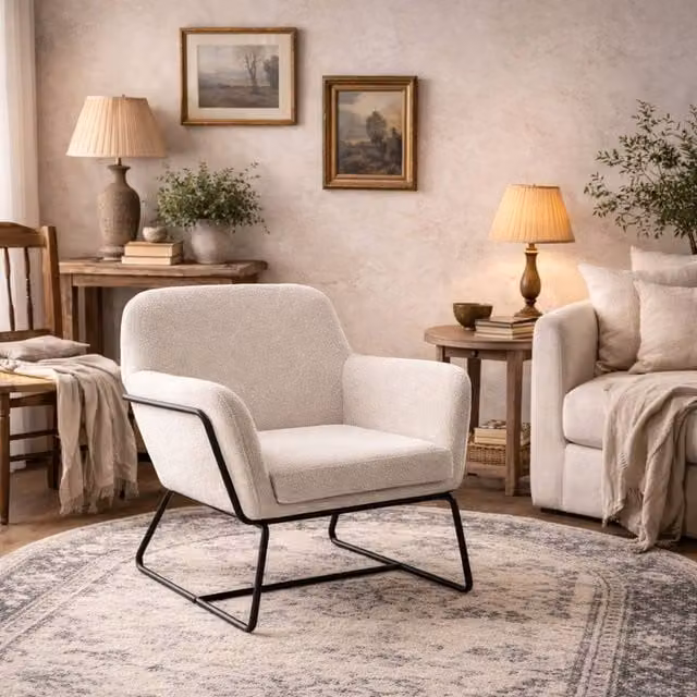 Wyld Haus Marseille Ivory Bouclé Armchair with Matt Black Metal Frame