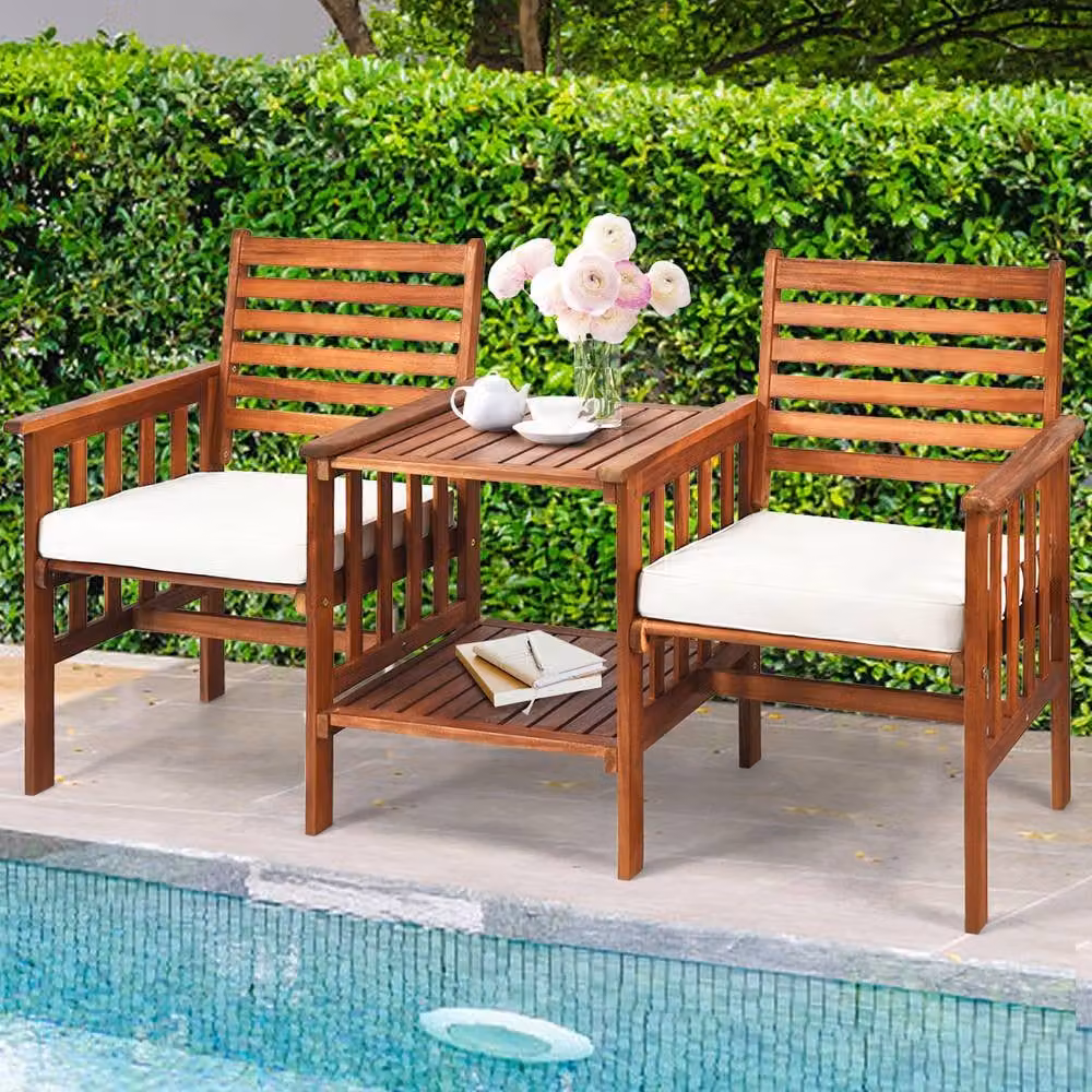 Gymax 3 Piece Acacia Wood Garden Furniture Set in Brown with Outdoor 2 Seater Sofa, Coffee Table and Upholstered Cushions – 6