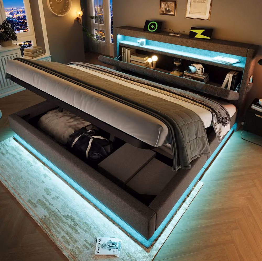 STILVORA Upholstered Super King Bed in Grey with LED Lighting, USB Charging Port, Bedside Shelf and Storage W/D/H: 180 x 200 x 111 cm – 3