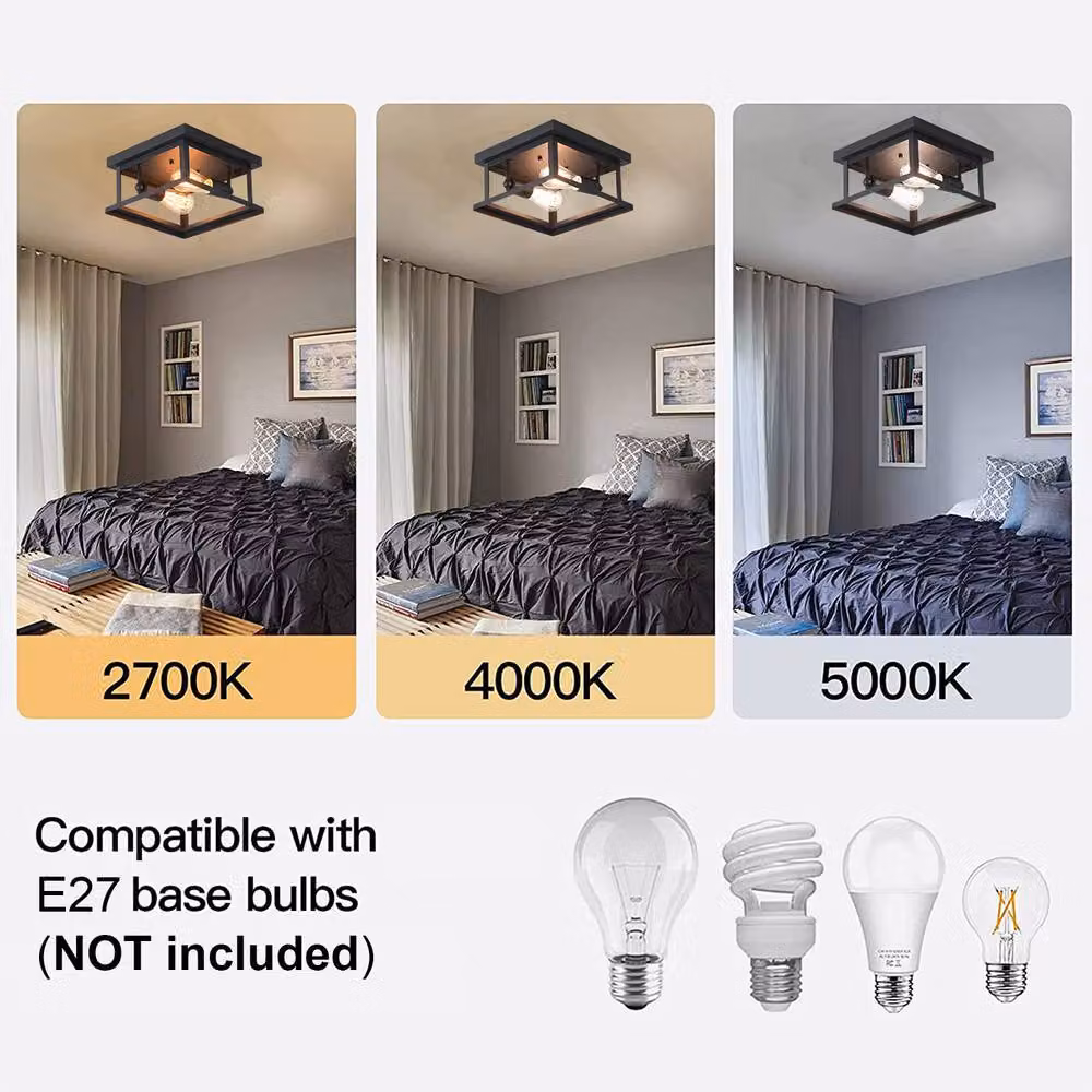 Garwarm 2-Light Retro Industrial Rectangular Black Metal Flush Mount Ceiling Light – 4