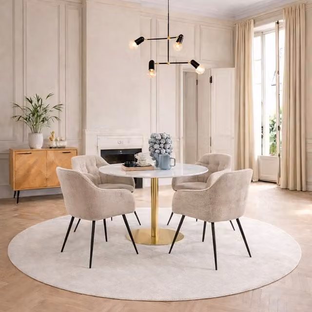 Furniture To Go Corby Round White Marble Dining Table with Gold Base and 4 Brooke Armrest Monza Beige Chairs
