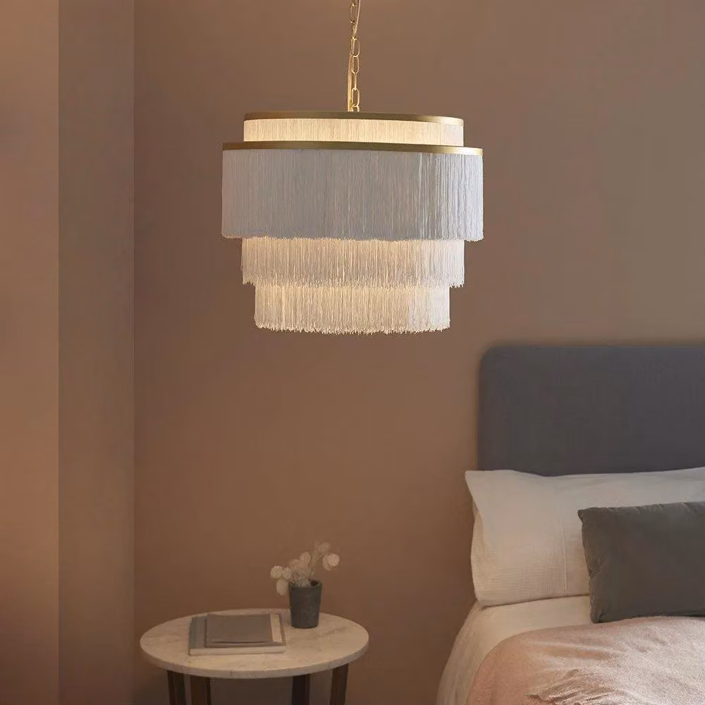 Netlighting VARESE Dimmable 3 Light Fabric and Metal Cylinder Ceiling Pendant in Gold and White – 2