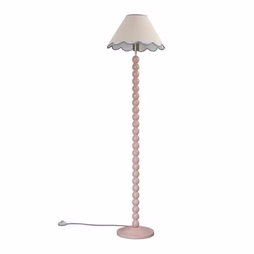ValueLights Rose Pink Bobbin Stem Floor Lamp with Blue and Multicolour Fabric Scallop Shade