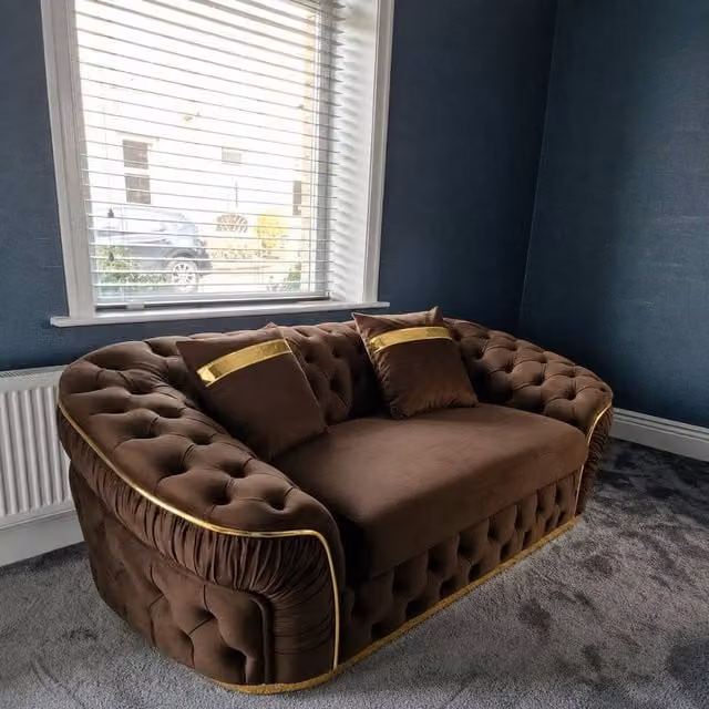 Stratus Interiors Ambassador Chesterfield 2 Seater Sofa in Brown Plush Velvet with Gold Trim