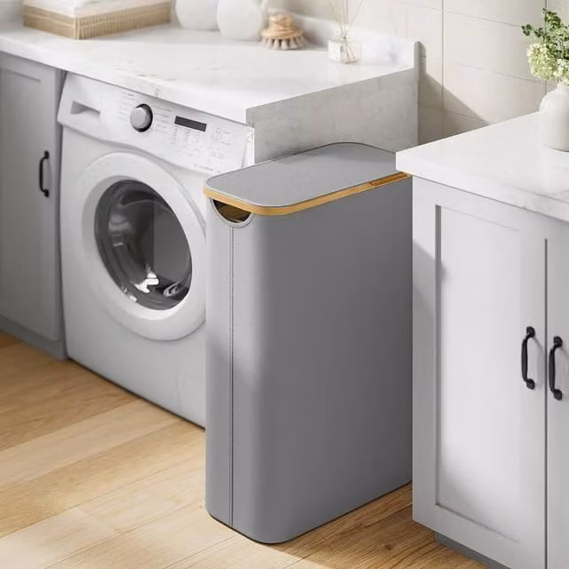 The Bazaarist Slim Laundry Hamper with Lid, Mesh Liner and Bamboo Handles, Light Grey – 1