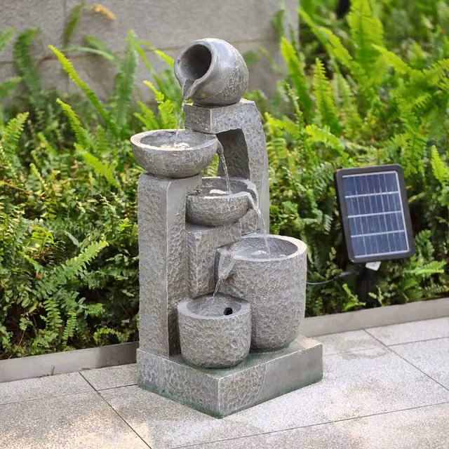 Livingandhome Rock Effect Jar and Bowl LED Solar Water Feature, Grey, Diameter: 28 cm