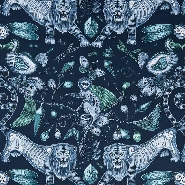 Clarke & Clarke Emma Shipley Extinct Navy Blue Cotton Fabric with Animal Graphic Design