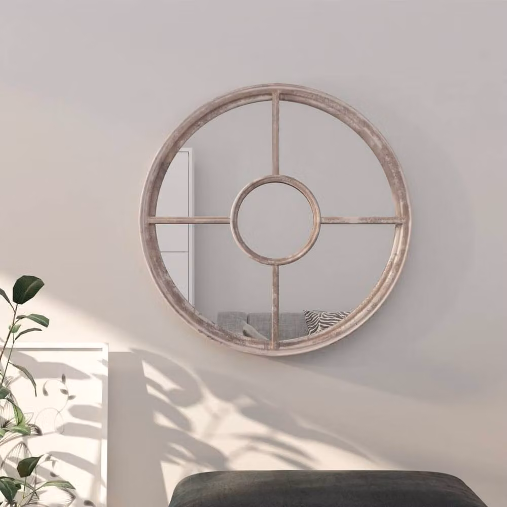 Berkfield Home Round Sand Mirror in Beige with Iron Frame, W: 60 cm, D: 4 cm – 2