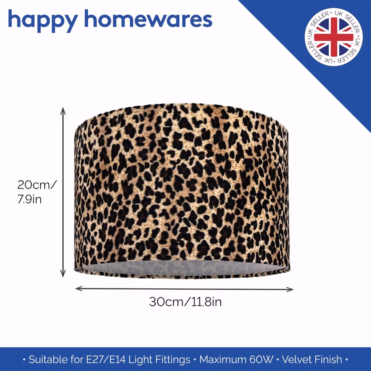 Happy Homewares Leopard Print Velvet Table or Pendant Lamp Shade in Black, Diameter: 30.48 cm – 5