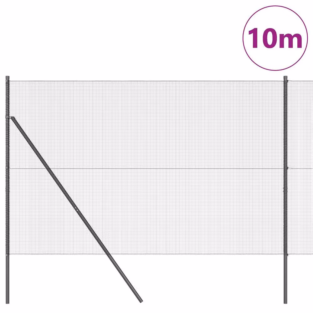 Berkfield Home Grey Powder-Coated Steel Welded Wire Fence with 7 Round In-Ground Posts, W: 10 m, H: 1.5 m – 3