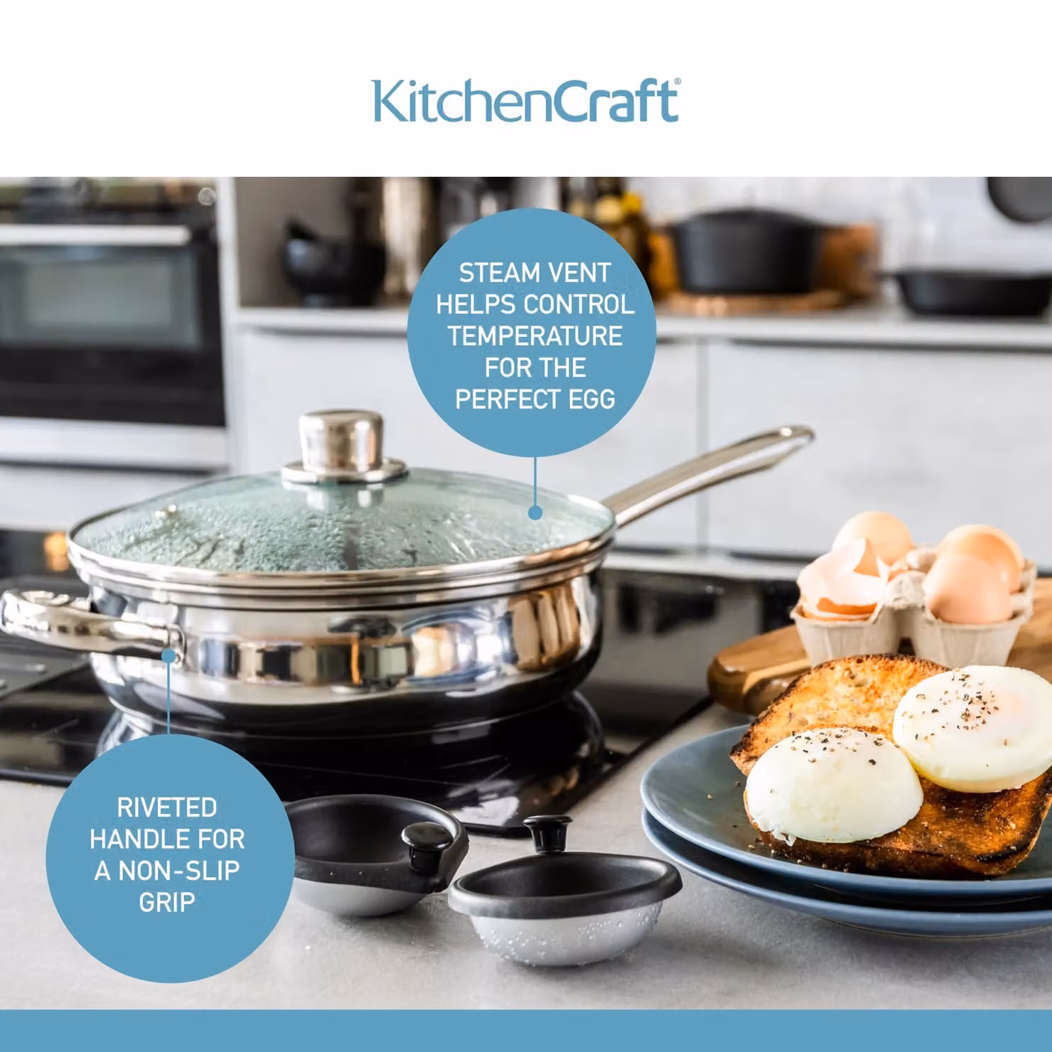 KitchenCraft Stainless Steel Six Hole Egg Poacher, Grey, 28 cm – 9