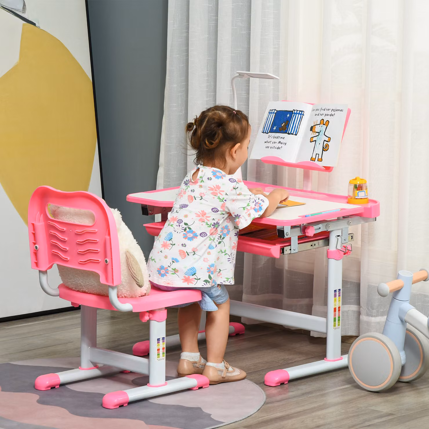 HOMCOM Kids Height Adjustable Study Desk and Chair Set with Tilting Top in Pink and White – 2