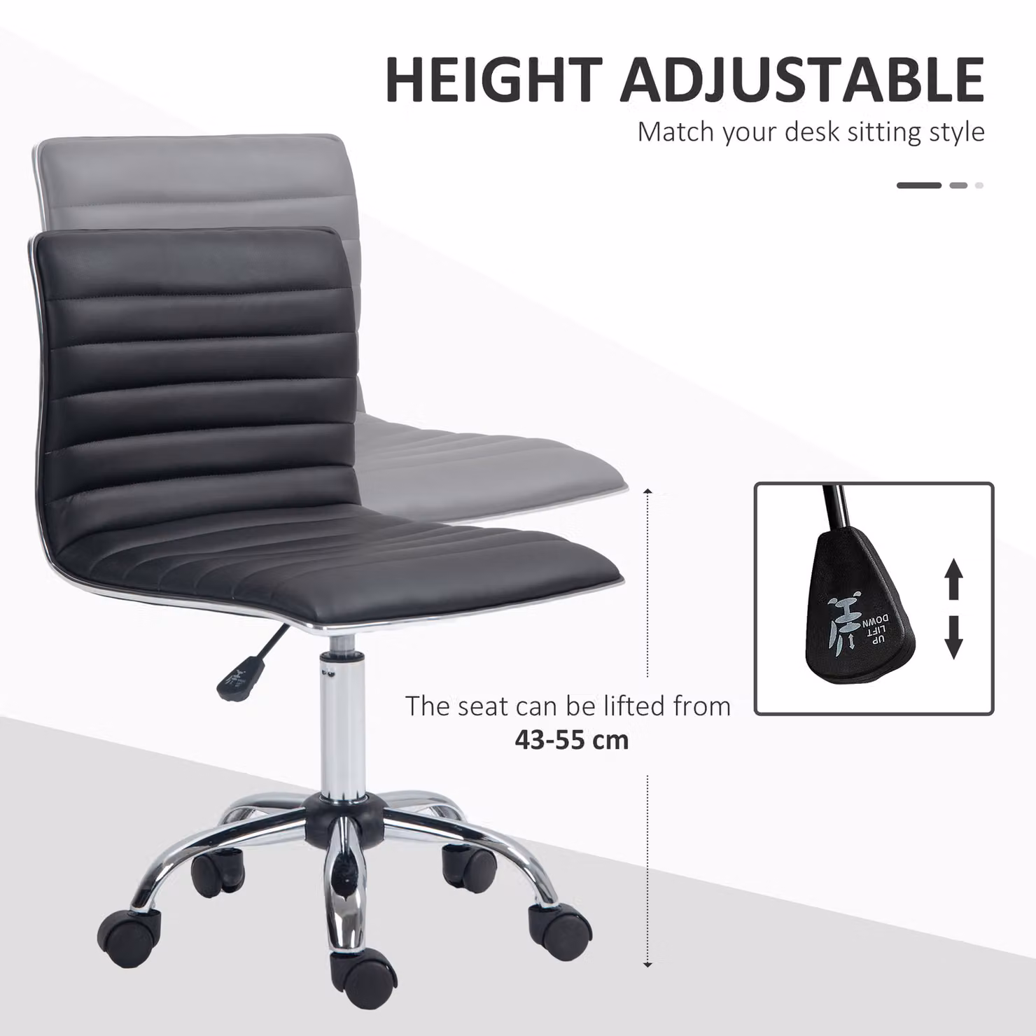 Vinsetto Armless Office Chair, Black Adjustable Swivel PU Leather Task Chair with Chrome Base – 3