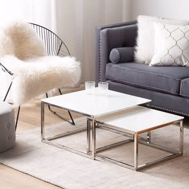 Wyld Haus Coco Nesting Coffee Tables with White Glossy Glass Tops and Silver Metal Frames