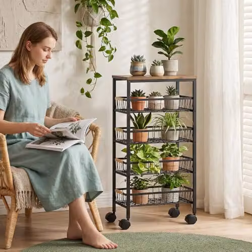 HOMCOM 4-Tier Metal and MDF Storage Trolley with Pull-Out Baskets in Rustic Brown, H 81.5 x W 40.0 x D 24.0 cm – 7