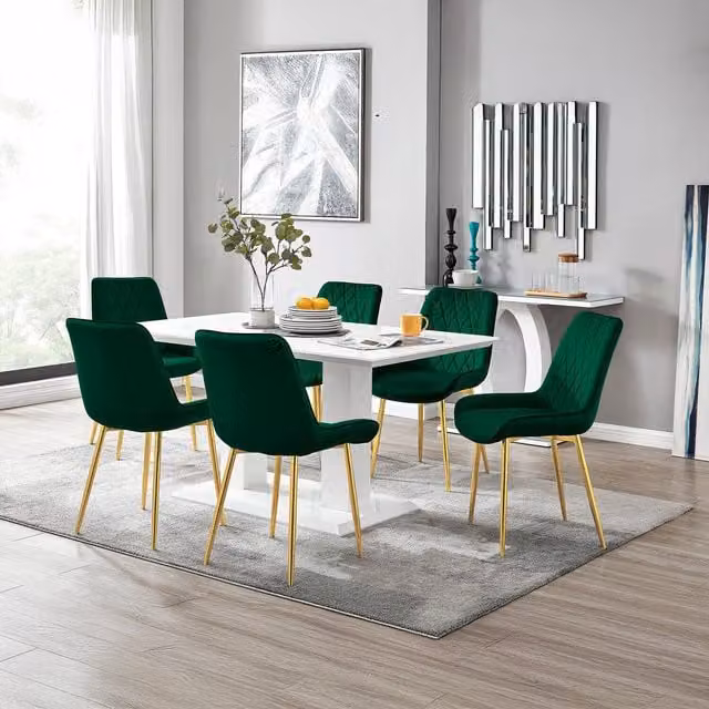 FurnitureboxUK Imperia 6-Person White Rectangular Dining Table and 6 Green Pesaro Gold Leg Chairs Set