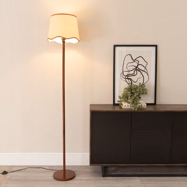 ValueLights Heather Dark Wood Single Stem Floor Lamp with Scallop Edge Tapered Fabric Shade in Burnt Orange – 2