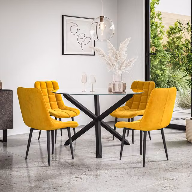 More4Homes Malvern Round Dining Table with Clear Glass Top and Solid Oak Black Legs and Set of 4 Nova Mustard Velvet Dining Chairs, Diameter: 120 cm, Height: 75 cm