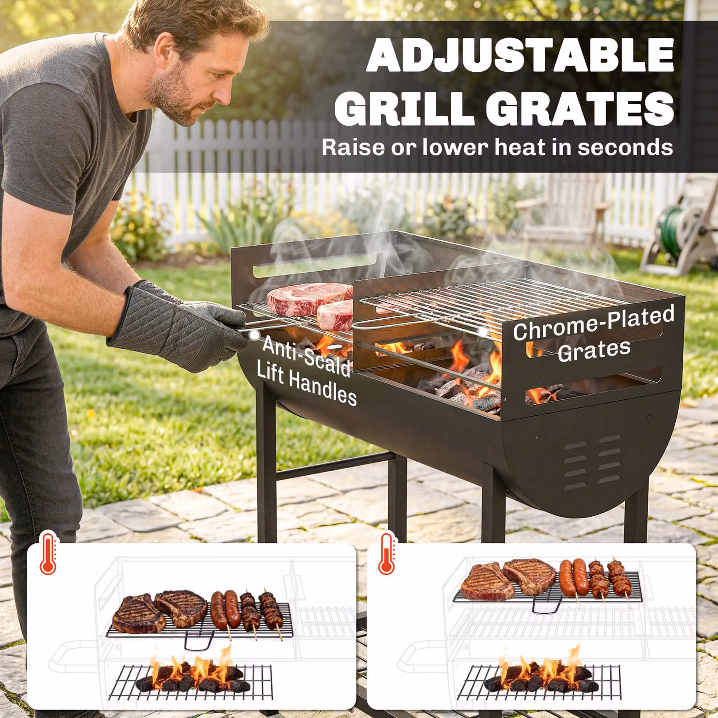 Outsunny Charcoal Barbecue Grill Trolley in Black with 2 Cooking Areas and Wheels – 5