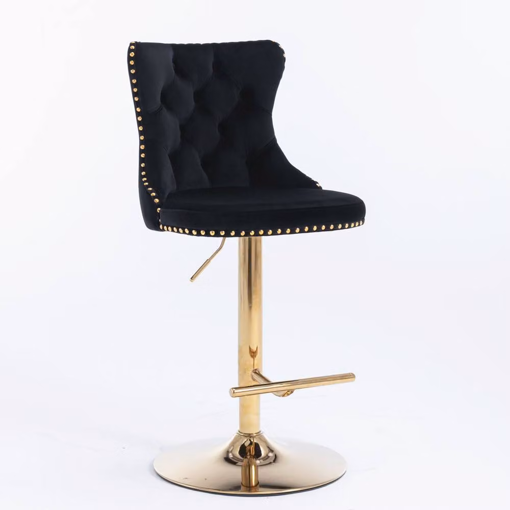 Modern Home Touch Set of 4 Luxury Velvet Adjustable Swivel Bar Stools with Gold Metal Base in Black – 4