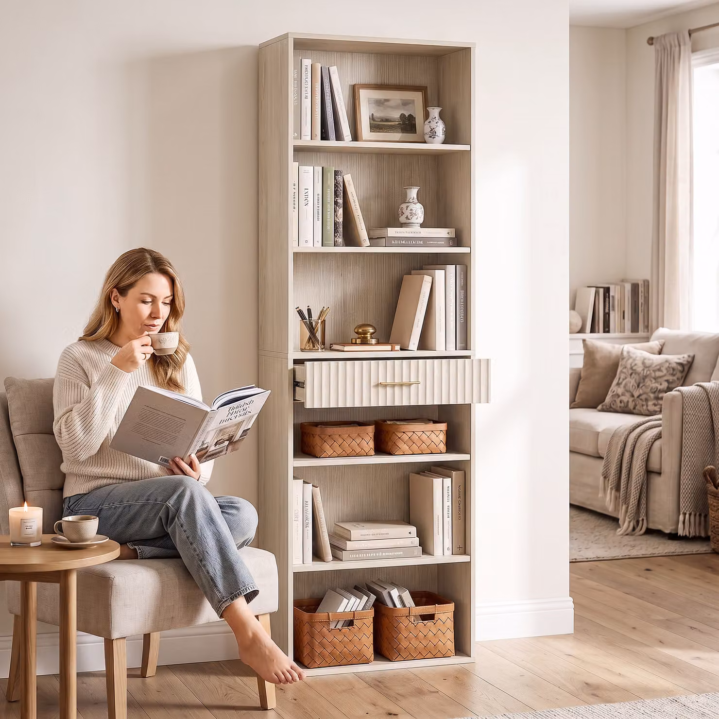 HOMCOM Narrow Tall Space-Saving Bookshelf with Drawer and Open Shelves, Oak Wood Effect, W: 60 cm, D: 24 cm, H: 182 cm – 5