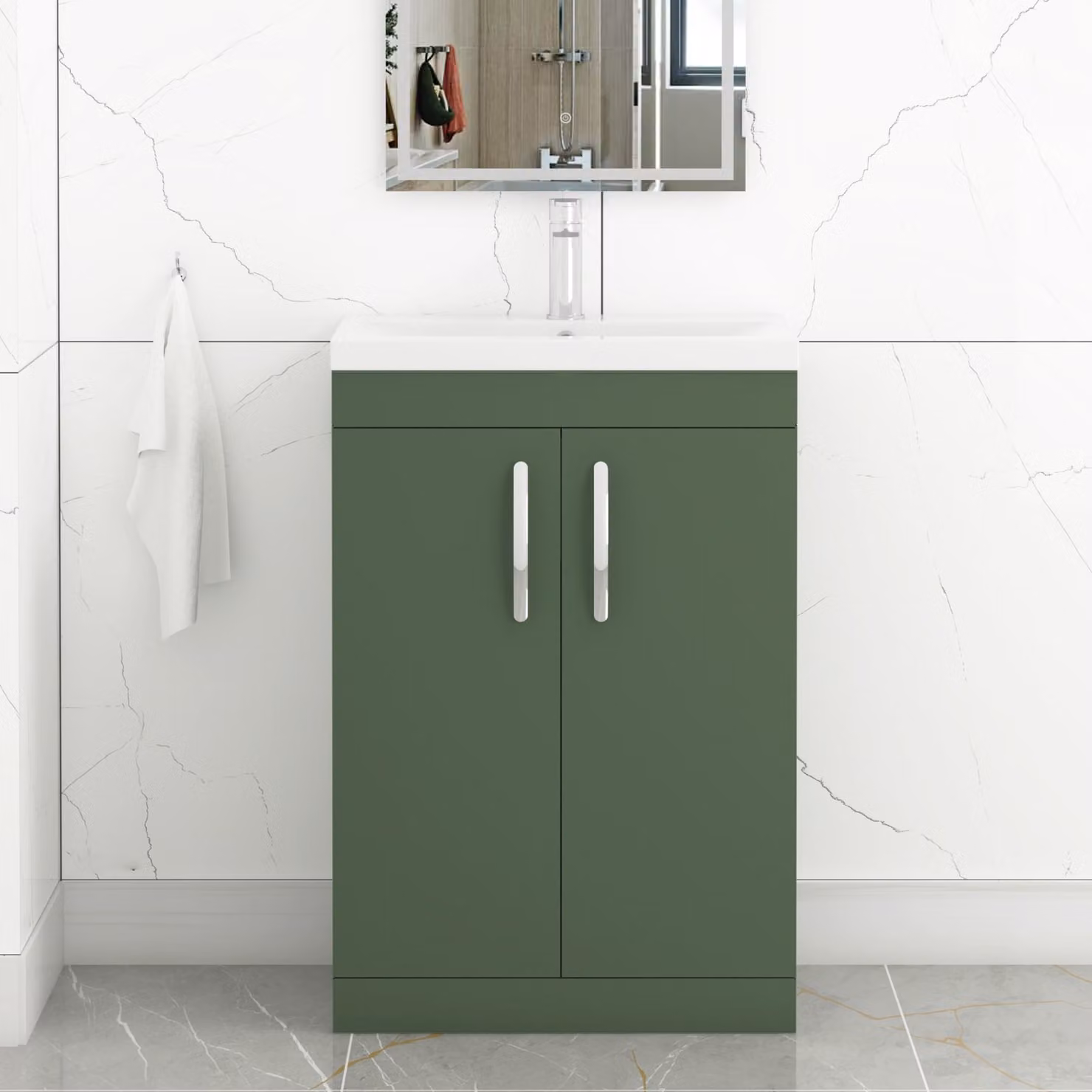 Royal Bathrooms Turin 600mm Matt Green Floor Standing 2 Door Vanity Sink Unit with Mid-Edge Basin