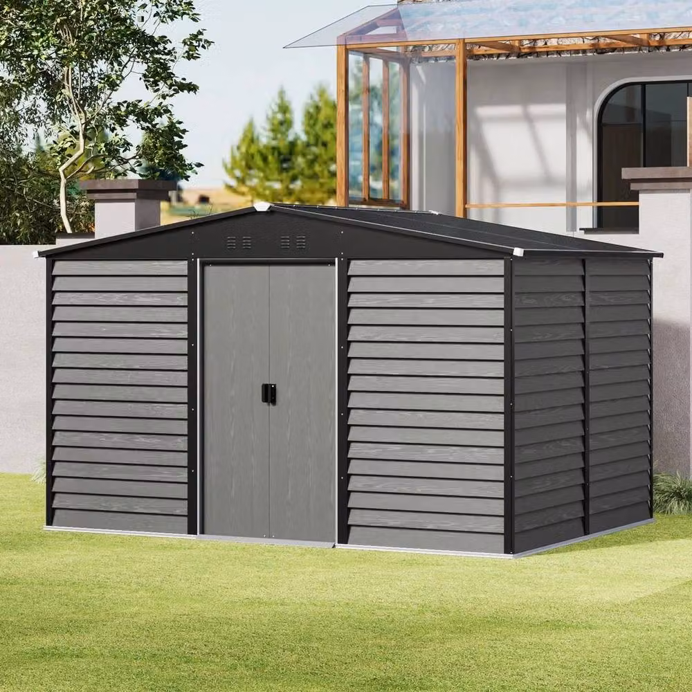 FORGEVIO Metal Garden Shed in Grey, Gable Roof Outdoor Storage, W: 365.76 cm, D: 240.0 cm, H: 190.0 cm – 4
