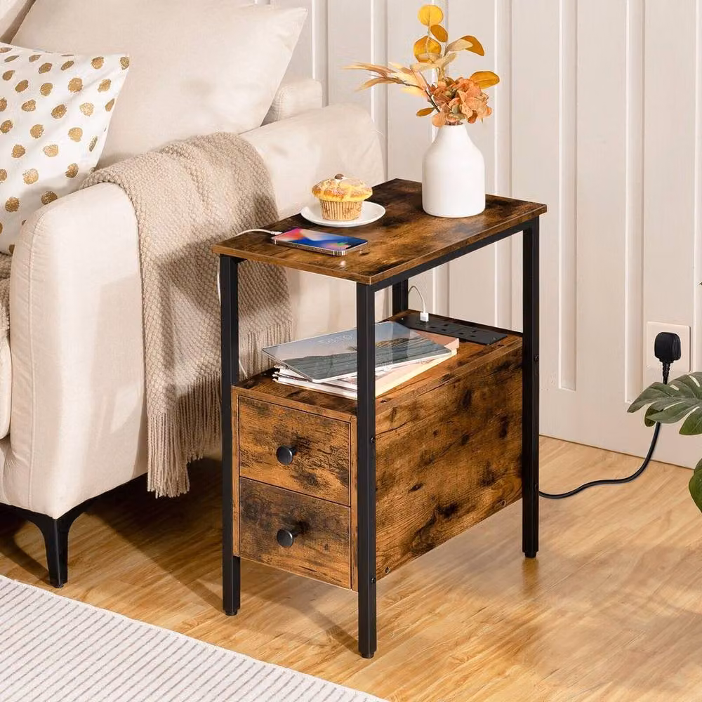 FLAVORA Narrow Charging Station Bedside Nightstand Side Table in Brown – 3
