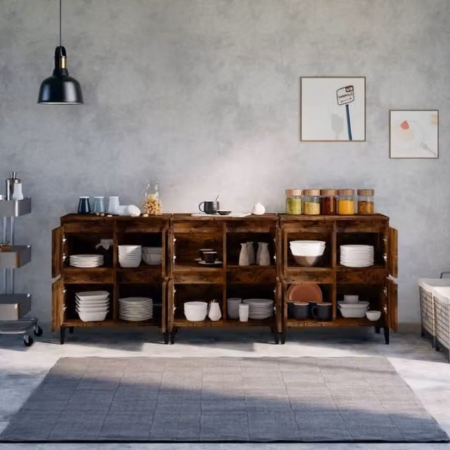 Berkfield Home Set of 3 Smoked Oak Sideboards in Brown, W/D/H: 60 x 35 x 70 cm