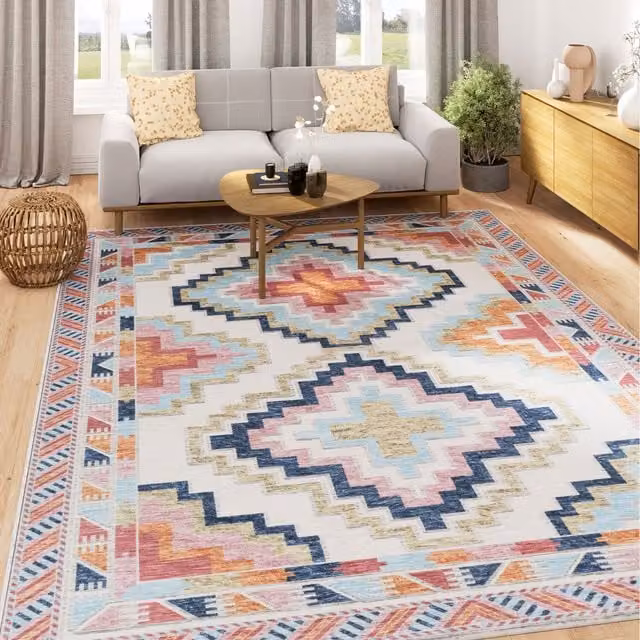 The Rug House Coral Aztec Washable Area Rug in Orange, Pink and Multicolour