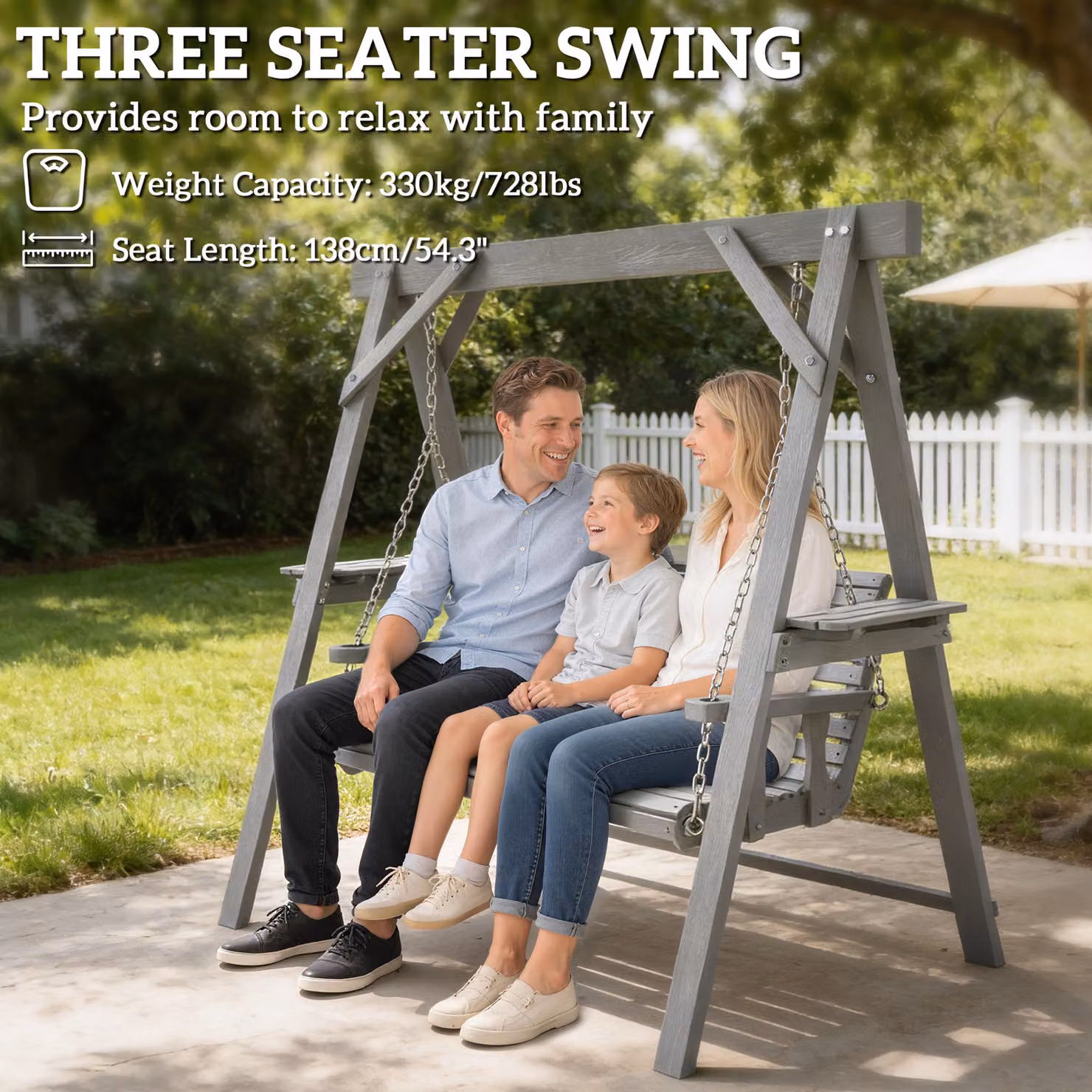 Outsunny Three-Seater Lacquered Treated Hardwood Swing Bench with Armrests and Side Trays, Grey – 4
