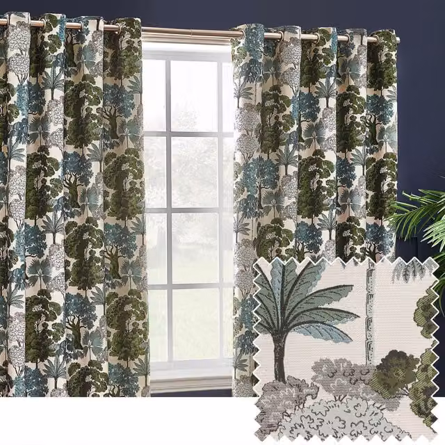 Wylder Nature Woodlands Floral Jacquard Room Darkening Eyelet Curtains in Green, Width: 168 cm, Drop: 183 cm – 2