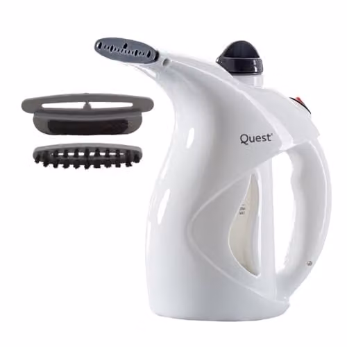 Quest Handheld Garment and Fabric Steamer in White and Silver with Brush Attachment and Auto Shut-off